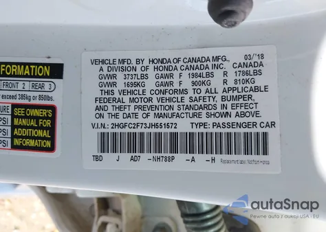 2018 Honda Civic Ex из США, поврежденный, VIN 2HGFC2F73JH551572